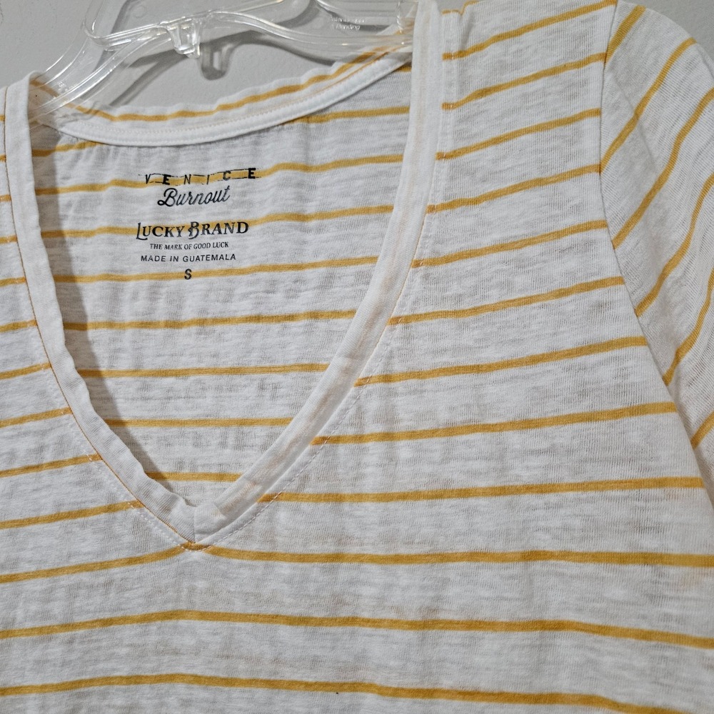 Lucky Brand Venice Burnout T-Shirt Womens Small Yellow White Striped V-Neck Tee - Picture 2 of 5